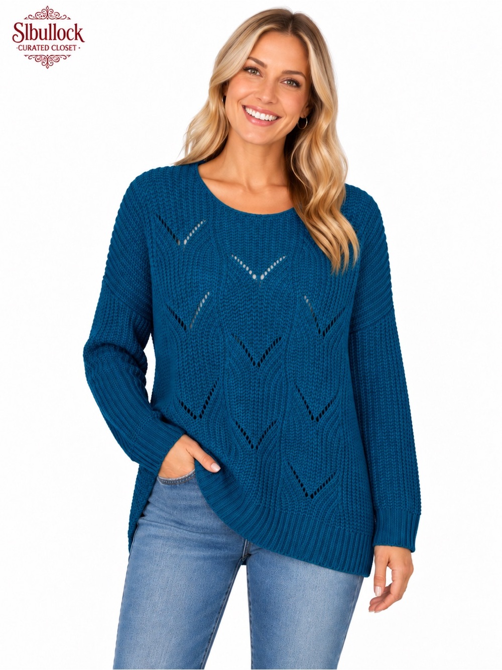 D8 Dokotoo NWT Cobalt Blue Pointelle Knit Pullover Sweater Large